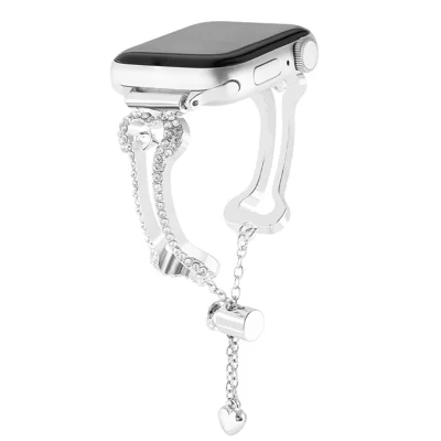 Metal Band For Apple Watch Series 12 11 10 42mm  /  9 8 7 41mm  /  SE3 SE2 SE 6 5 4 40mm  /  3 2 1 38mm Rhinestone Bone Link Bracelet Strap - Silver