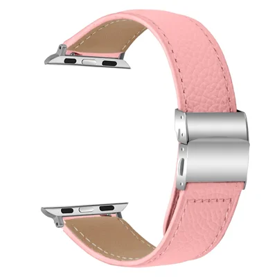Genuine Leather Watch Band for Apple Watch Series 12 11 10 42mm  /  9 8 7 41mm  /  SE3 SE2 SE 6 5 4 40mm  /  3 2 1 38mm Turtle Back Buckle Wrist Strap with Silver Connector - Pink