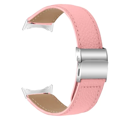Wrist Strap For Google Pixel Watch 5 / Watch 4 / Watch 3 / Watch 2 / Watch 41mm Genuine Leather Watch Band with Silver Connector Turtle Back Buckle - Pink