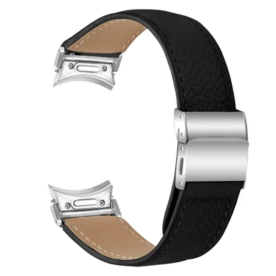 Wrist Strap with Silver Quick Release Connector For Samsung Galaxy Watch4  /  Watch5 40mm  /  44mm  /  45mm Genuine Leather Watch Band - Black