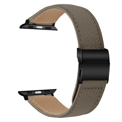 Wrist Strap with Black Connector for Apple Watch Series 12 11 10 42mm  /  9 8 7 41mm  /  SE3 SE2 SE 6 5 4 40mm  /  3 2 1 38mm Genuine Leather Watch Band Turtle Back Buckle - Grey