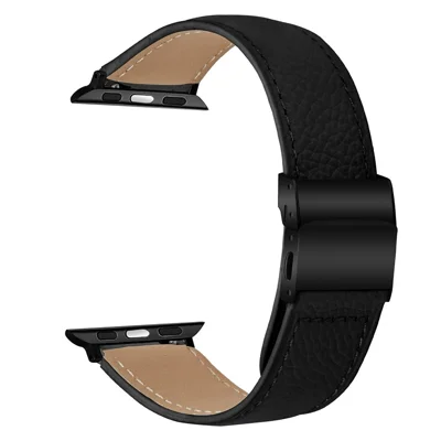 Wrist Strap with Black Connector for Apple Watch Ultra 4 3 2 1 49mm / Series 12 11 10 46mm / 9 8 7 45mm / SE3 SE2 SE 6 5 4 44mm / 3 2 1 42mm Genuine Leather Watch Band Turtle Back Buckle - Black