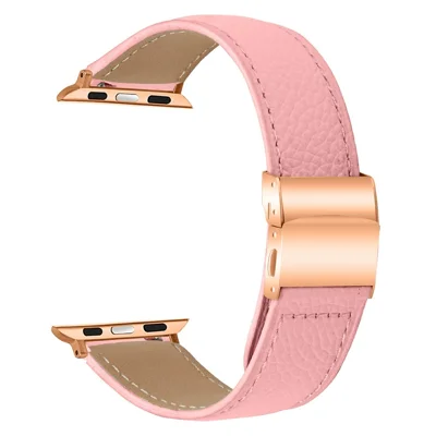 Genuine Leather Watch Band For Apple Watch Series 12 11 10 42mm  /  9 8 7 41mm  /  SE3 SE2 SE 6 5 4 40mm  /  3 2 1 38mm Wrist Strap with Rose Gold Connector Turtle Back Buckle - Pink