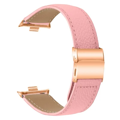 For Xiaomi Smart Band 10 Pro / 9 Pro / 8 Pro / Redmi Watch 6 / 5 / 4 Genuine Leather Watch Band with Rose Gold Connector Turtle Back Buckle - Pink