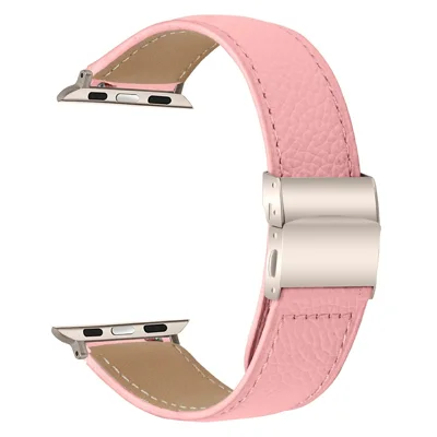 Genuine Leather Watch Band For Apple Watch Series 12 11 10 42mm  /  9 8 7 41mm  /  SE3 SE2 SE 6 5 4 40mm  /  3 2 1 38mm Wrist Strap with Starlight Connector Turtle Back Buckle - Pink