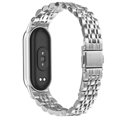 Watch Band For Xiaomi Smart Band 10 / 9 / 8 , Slim 7-Bead Stainless Steel Strap - Silver
