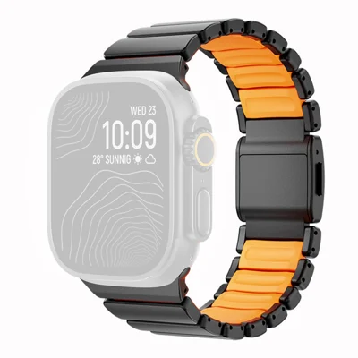 Магнитная пряжка для ремешка Apple Watch Ultra 3 2 1 49мм / Series 11 10 46мм / 9 8 7 45мм / SE3 SE2 SE 6 5 4 44мм / 3 2 1 42мм Металлический ремешок для часов - Черный / Оранжевый
