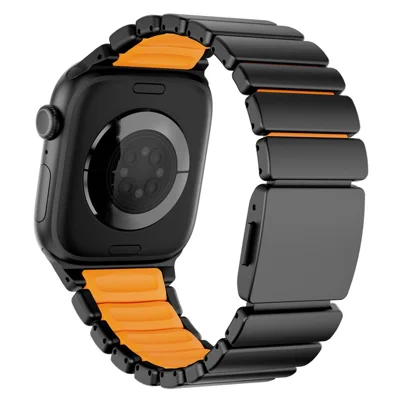 Watch Strap For Apple Watch Ultra 4 3 2 1 49mm / Series 12 11 10 46mm / 9 8 7 45mm / SE3 SE2 SE 6 5 4 44mm / 3 2 1 42mm , 1-Bead Titanium Alloy Band with Magnetic Buckle - Black + Orange