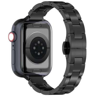 Watch Band For Apple Watch Series 11 10 42mm / 9 8 7 41mm / SE3 SE2 SE 6 5 4 40mm / 3 2 1 38mm , Slim 3-Bead Titanium Alloy Wrist Strap - Black