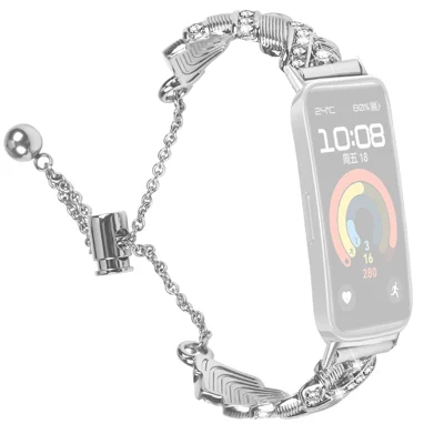 حزام ساعة لساعة Huawei Band 10 / 9 / 8، حزام معدني بتصميم سحّاب وقلادة من السبيكة الزنك مع زخارف من حجر الراين - فضي