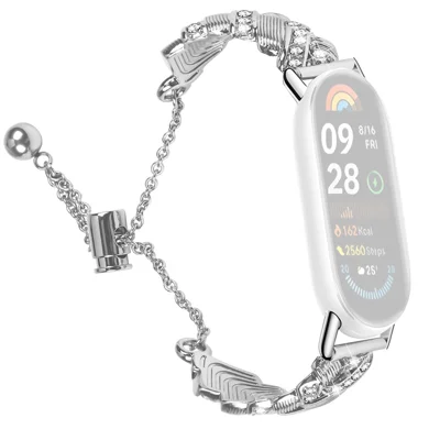 Watch Band For Xiaomi Smart Band 10 / 9 / 8 , Drawstring Lock Zinc Alloy Rhinestone Decor Bracelet Strap - Silver
