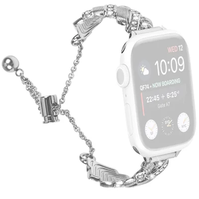 Watch Band For Apple Watch Ultra 4 3 2 1 49mm / Series 12 11 10 46mm / 9 8 7 45mm / SE3 SE2 SE 6 5 4 44mm / 3 2 1 42mm Drawstring Lock Zinc Alloy Rhinestone Decor Bracelet Strap - Silver