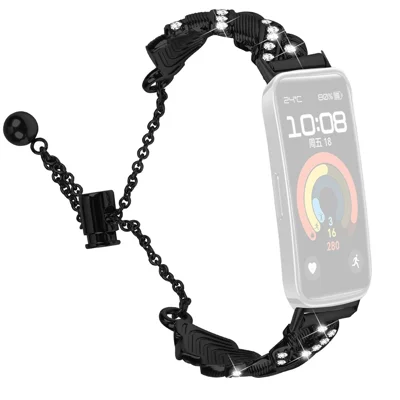 حزام ساعة لساعة Huawei Band 10 / 9 / 8، حزام بتصميم سلسلة قابل للتعديل من سبائك الزنك مطلي ومزين بحجر الراين - أسود