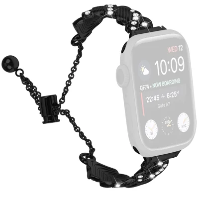 Ремешок для Apple Watch Ultra 3 2 1 49мм / Series 11 10 46мм / 9 8 7 45мм / SE3 SE2 SE 6 5 4 44мм / 3 2 1 42мм, браслет с декоративными стразами из электропокрытого цинкового сплава с затягивающейся застежкой - черный