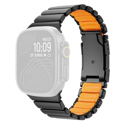 Dual-Color Watch Band for Apple Watch Ultra 4 3 2 1 49mm / Series 12 11 10 46mm / 9 8 7 45mm / SE3 SE2 SE 6 5 4 44mm / 3 2 1 42mm Titanium Metal Silicone Strap Turtle Buckle - Black / Orange