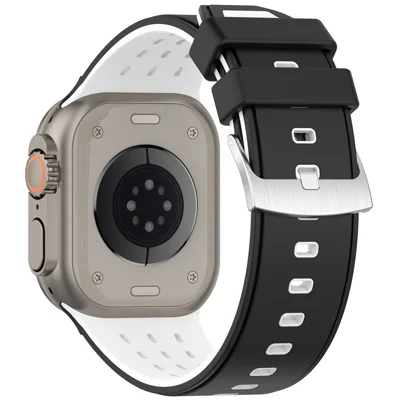 Watch Band For Apple Watch Ultra 4 3 2 1 49mm / Series 12 11 10 46mm / 9 8 7 45mm / SE3 SE2 SE 6 5 4 44mm / 3 2 1 42mm Vertical Hole Breathable Dual Color Silicone Strap - Black  /  White
