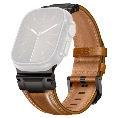Top Layer Cowhide Leather Strap for Apple Watch Ultra 4 3 2 1 49mm / Series 12 11 10 46mm / 9 8 7 45mm / SE3 SE2 SE 6 5 4 44mm / 3 2 1 42mm Watch Band with Stainless Steel Connector - Retro Brown / Black Buckle
