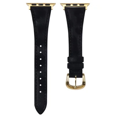 Genuine Leather Band for Apple Watch Series 12 11 10 42mm  /  9 8 7 41mm  /  SE3 SE2 SE 6 5 4 40mm  /  3 2 1 38mm Slim Silky Design Watch Strap with Stainless Steel Buckle - Black / Gold