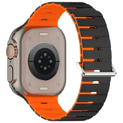 Harmonica Design Silicone Strap for Apple Watch Ultra 4 3 2 1 49mm / Series 12 11 10 46mm / 9 8 7 45mm / SE3 SE2 SE 6 5 4 44mm / 3 2 1 42mm Dual Color Magnetic Watch Band - Black / Orange