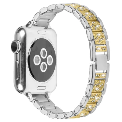 Kontrastierendes farbiges Slim-Band für Apple Watch Ultra 3 2 1 49mm / Series 11 10 46mm / 9 8 7 45mm / SE3 SE2 SE 6 5 4 44mm / 3 2 1 42mm Metallarmband mit Rhinestone-Dekor - Silber / Gold