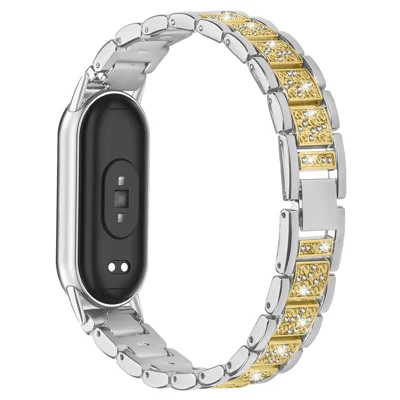 Contrasting Color Slim Band for Xiaomi Smart Band 10 / 9 / 8 Metal Watch Strap with Rhinestones Decor - Silver / Gold