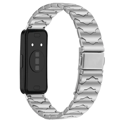 شريط ساعة فضي بتصميم خفاش لساعة Huawei Band 10 / 9 / 8، شريط فولاذي مقاوم للصدأ قابل للتعديل مع إبزيم طي