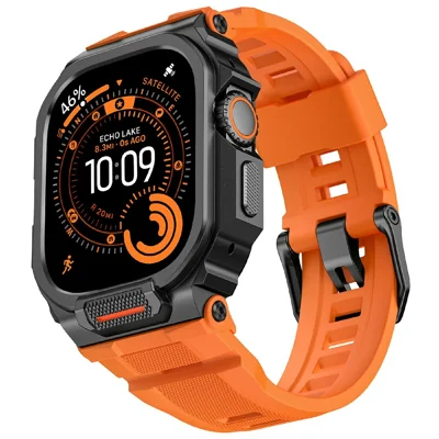 Silicone Band with Half Guard Case for Apple Watch Series 11 46mm Textured Replacement Watch Strap - Black Buckle / Orange