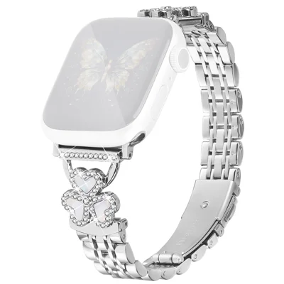 Silver Heart Clover Metal Band for Apple Watch Series 12 11 10 42mm  /  9 8 7 41mm  /  SE3 SE2 SE 6 5 4 40mm  /  3 2 1 38mm Watch Strap 7-Bead Shiny Design