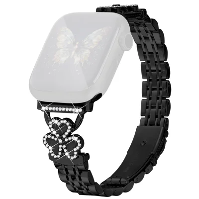 Electroplated Heart Clover Metal Band for Apple Watch Ultra 4 3 2 1 49mm / Series 12 11 10 46mm / 9 8 7 45mm / SE3 SE2 SE 6 5 4 44mm / 3 2 1 42mm Watch Strap 7-Bead Shiny Design - Black+Black Shell