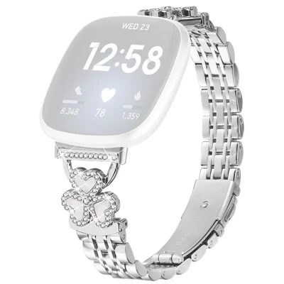 Silver Heart Clover Metal Band for Fitbit Versa 4 / 3 / Sense 2 Watch Strap 7-Bead Shiny Design