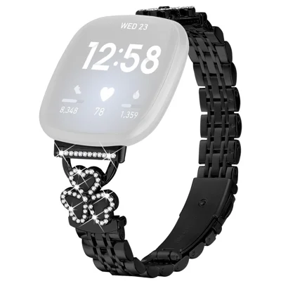 Electroplated Heart Clover Metal Band for Fitbit Versa 4 / 3 / Sense 2 Watch Strap 7-Bead Shiny Design - Black+Black Shell