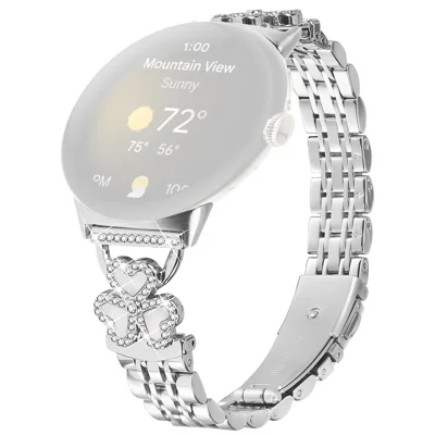 Silver Heart Clover Metal Band for Google Pixel Watch 5 / Watch 4 / Watch 3 / Watch 2 / Watch 41mm 7-Bead Shiny Design