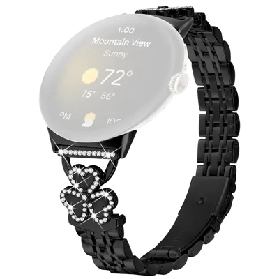 Electroplated Heart Clover Metal Band for Google Pixel Watch 5 / Watch 4 / Watch 3 / Watch 2 / Watch 41mm 7-Bead Shiny Design Strap - Black+Black Shell