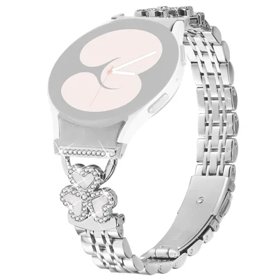 Silver Heart Clover Metal Band with Connector for Samsung Galaxy Watch7 / 6 / 5 / 4 44mm 40mm / FE 40mm / 5 Pro 45mm / 6 Classic 43mm 47mm / 4 Classic 46mm 42mm Watch Strap 7-Bead Shiny Design