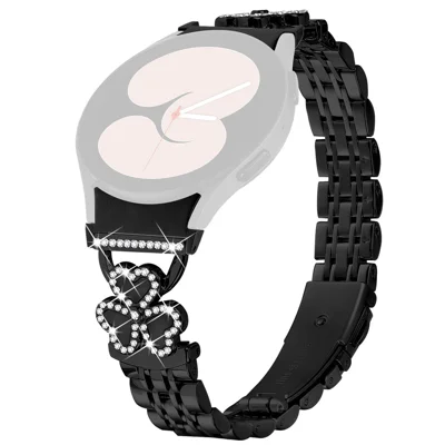 7-Bead Electroplated Band with Connector for Samsung Galaxy Watch7 / 6 / 5 / 4 44mm 40mm / FE 40mm / 5 Pro 45mm / 6 Classic 43mm 47mm / 4 Classic 46mm 42mm Watch Strap Heart Clover Metal Shiny Design - Black+Black Shell