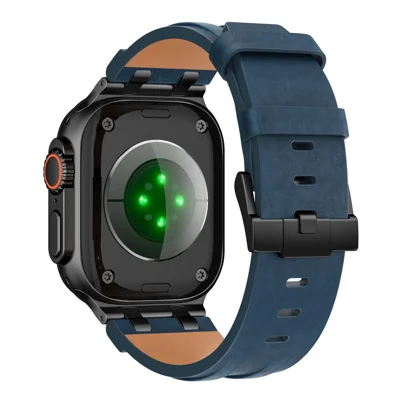 Leather Strap for Apple Watch Ultra 4 3 2 1 49mm / Series 12 11 10 46mm / 9 8 7 45mm / SE3 SE2 SE 6 5 4 44mm / 3 2 1 42mm Adjustable Watch Band with Stainless Steel Buckle - Dark Blue