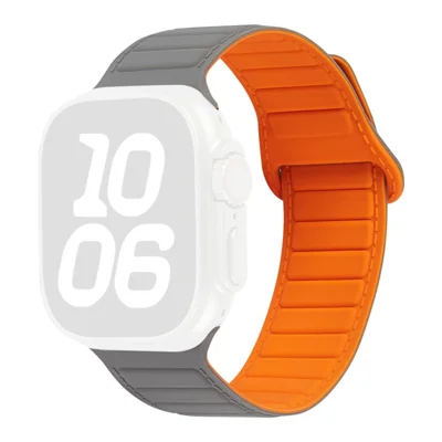 Stitched Line Pattern Silicone Strap for Apple Watch Ultra 4 3 2 1 49mm / Series 12 11 10 46mm / 9 8 7 45mm / SE3 SE2 SE 6 5 4 44mm / 3 2 1 42mm Loop Magnetic Watch Band - Grey / Orange