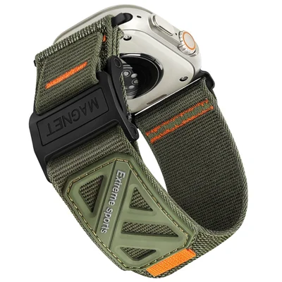 Magnetic Loop Nylon Watch Band for Apple Watch Series 12 11 10 42mm  /  9 8 7 41mm  /  SE3 SE2 SE 6 5 4 40mm  /  3 2 1 38mm Magic Tape Adjustable Wristband - Army Green