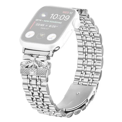 Metal Watch Band for Apple Watch Ultra 4 3 2 1 49mm / Series 12 11 10 46mm / 9 8 7 45mm / SE3 SE2 SE 6 5 4 44mm / 3 2 1 42mm Rhinestone Butterfly Decor Stainless Steel Silver Wrist Band