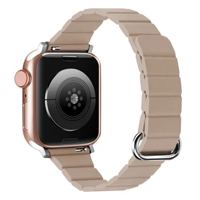 Slim Magnetic Strap for Apple Watch Ultra 4 3 2 1 49mm / Series 12 11 10 46mm / 9 8 7 45mm / SE3 SE2 SE 6 5 4 44mm / 3 2 1 42mm Microfiber Leather Watch Band Reverse Buckle Design - Khaki / Silver