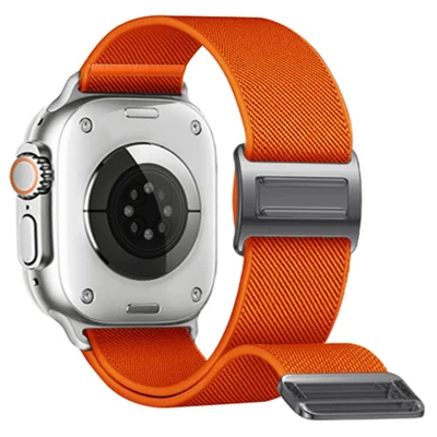 Magnetic Nylon Band for Apple Watch Ultra 4 3 2 1 49mm / Series 12 11 10 46mm / 9 8 7 45mm / SE3 SE2 SE 6 5 4 44mm / 3 2 1 42mm Adjustable Elastic Watch Strap - Orange