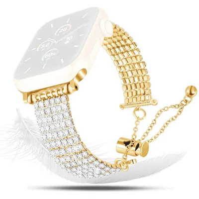 Rhinestone Decor Metal Strap for Apple Watch Series 12 11 10 42mm  /  9 8 7 41mm  /  SE3 SE2 SE 6 5 4 40mm  /  3 2 1 38mm Drawstring Adjustable Watch Band - Gold