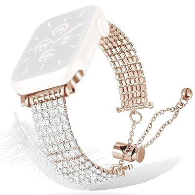 Rhinestone Decor Metal Strap for Apple Watch Ultra 4 3 2 1 49mm / Series 12 11 10 46mm / 9 8 7 45mm / SE3 SE2 SE 6 5 4 44mm / 3 2 1 42mm Drawstring Adjustable Watch Band - Rose Gold