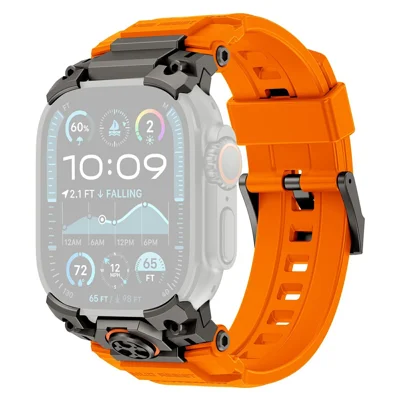 Armor Style Watch Strap for Apple Watch Ultra 4 3 2 1 49mm / Series 12 11 10 46mm / 9 8 7 45mm / SE3 SE2 SE 6 5 4 44mm / 3 2 1 42mm Metal + Silicone Adjustable Band - Black / Orange