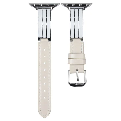 Textured Genuine Leather + Metal Strap for Apple Watch Ultra 4 3 2 1 49mm / Series 12 11 10 46mm / 9 8 7 45mm / SE3 SE2 SE 6 5 4 44mm / 3 2 1 42mm Adjustable Watch Band - Beige / Silver Buckle