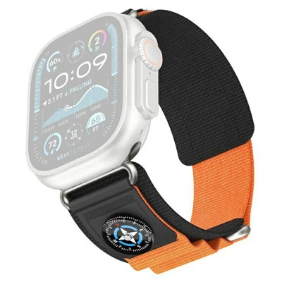 Nylon Band with Compass for Apple Watch Ultra 4 3 2 1 49mm / Series 12 11 10 46mm / 9 8 7 45mm / SE3 SE2 SE 6 5 4 44mm / 3 2 1 42mm Adjustable Magic Tape Watch Strap - Black / Orange