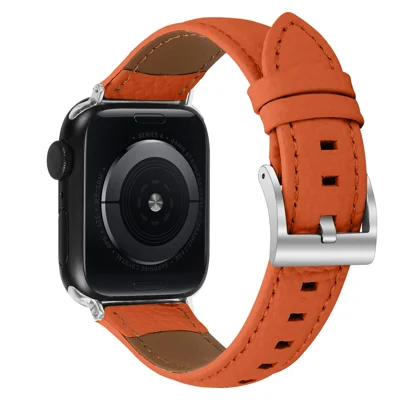 Litchi Textured Genuine Leather Strap for Apple Watch Ultra 4 3 2 1 49mm / Series 12 11 10 46mm / 9 8 7 45mm / SE3 SE2 SE 6 5 4 44mm / 3 2 1 42mm Pointed-End Watch Band with Silver Buckle - Orange