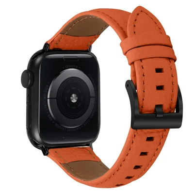 Litchi Textured Genuine Leather Strap with Electroplated Buckle for Apple Watch Ultra 4 3 2 1 49mm / Series 12 11 10 46mm / 9 8 7 45mm / SE3 SE2 SE 6 5 4 44mm / 3 2 1 42mm Pointed-End Watch Band - Orange / Black