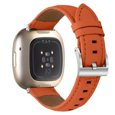 Litchi Textured Genuine Leather Strap for Fitbit Versa 4 / Sense 2 Pointed-End Watch Band with Silver Buckle - Orange