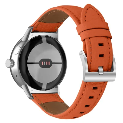 Litchi Textured Genuine Leather Strap for Google Pixel Watch 5 / Watch 4 / Watch 3 / Watch 2 / Watch 41mm Pointed-End Watch Band with Silver Buckle - Orange